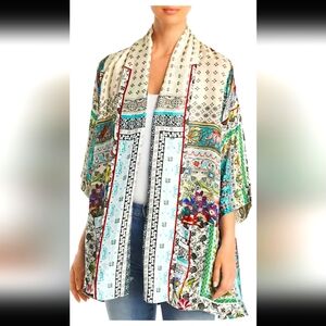 JOHNNY WAS Samira Silk Mixed-Print Tie-Front Kimono. Size small